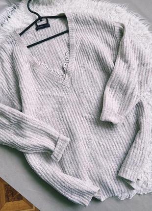 Бежевый пуловер с v образным вырезом удлинённый размер оверсайз от s-l2 фото