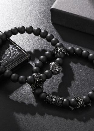 Мужские браслеты из натуральных камней (комплект), каменные браслеты черные8 фото