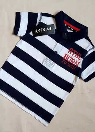 Рубашка поло в сине белую полоску с красным принтом "riot club" англия на 3-4 года