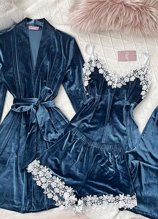 Бархатный комплект 4ка халат+ майка +шорты +штаны