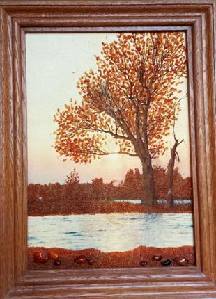 Картина з бурштину, бурштин, дерево, озеро, вода, інтер'єр, камені