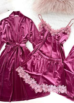 Бархатный комплект 4ка халат+ майка +шорты +штаны