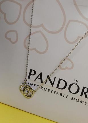 Ожерелье кулон пандора стерлинговое серебро 925 проба цирконий два круга логотип камни