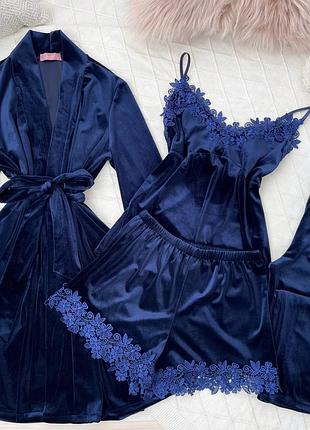 Бархатный комплект 4ка халат+ майка +шорты +штаны