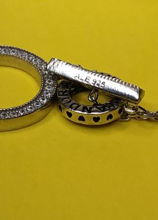 Ожерелье пандора стерлинговое серебро 925 цирконий проба т-образная застёжка круг камни сердечки логотип бренда подвеска колье кулон4 фото