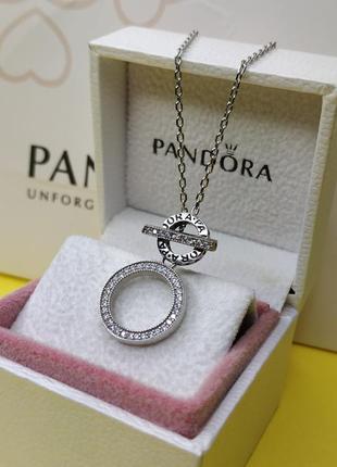 Ожерелье пандора стерлинговое серебро 925 цирконий проба т-образная застёжка круг камни сердечки логотип бренда подвеска колье кулон1 фото