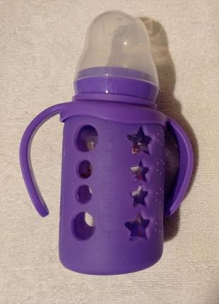 Пляшка скляна з ручками у силіконовому чохлі силіконова соска bimbo 120 мл фіолетова3 фото
