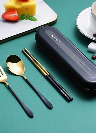 Набор металлических столовых приборов в футляре 3 предмета, золотой с черным