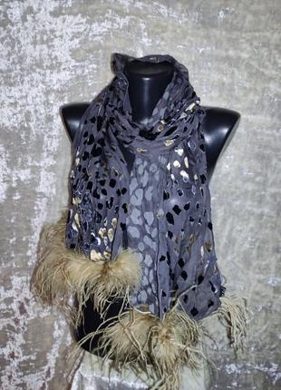 Крутой шелково вискозный шарф со струсиными перьями боа passigatti