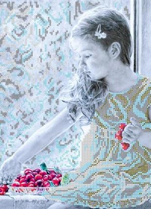 Схема на ткани для вышивания бисером абрис арт ac-241 девочка и вишни