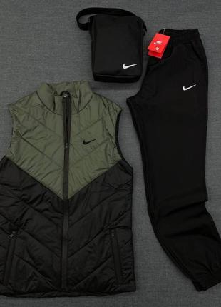 Комплект 'clip' nike cover жилетка хаки- черная / штаны president + барсетка в подарок