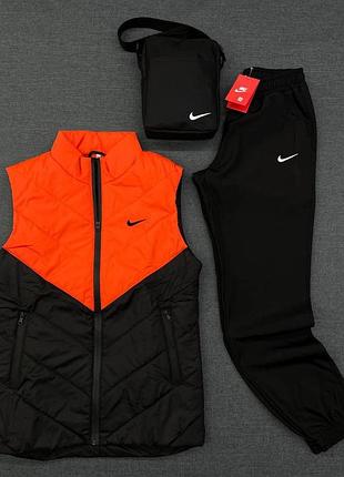 Комплект 'clip' editorial nike жилетка оранжево-чорна / штани president + барсетка в подарунок