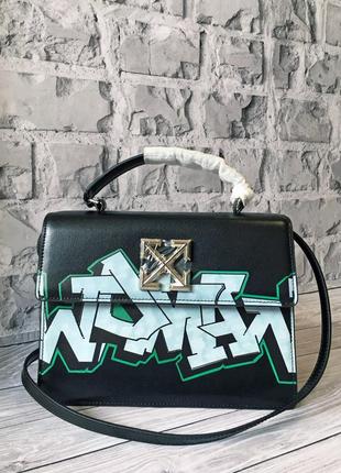 Off-white jitney graffiti брендовая черная сумочка с граффити трендовая модель офф вайт из натуральной кожи стильна чорна сумка із натуральної шкіри