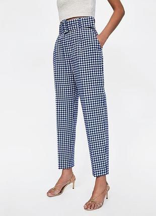 Zara брюки с поясом в клетку-виши на высокой посадке