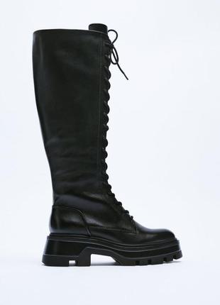 Шкіряні чоботи zara на шнурівці з рифленою подішвою