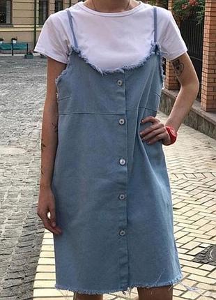 Джинсовый летний сарафан двойка платье на пуговицах и футболка