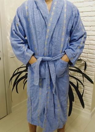 Махровый мужской халат голубой без капюшона2 фото