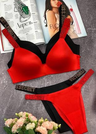 Комплект нижнего белья victoria’s secret бесшовный красный подарок на 14 февраля 8 марта