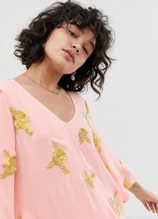 Нежное натуральное платье магазина asos с золотистой вышивкой! вышитое платье! вышиванка!3 фото