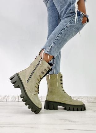 Стильные фабричные ботинки из натуральной кожи/замши черные, беж, белые, авокадо1 фото