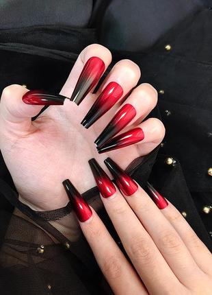 Накладні нігті - 24шт. + клей для нігтів, червоно-чорні глянсові тіпси