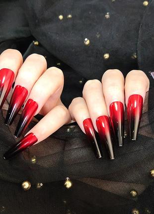 Накладні нігті - 24шт. + клей для нігтів, червоно-чорні глянсові тіпси3 фото