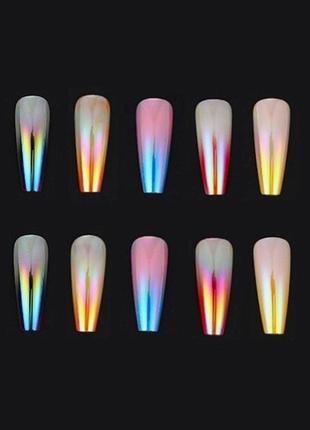 Накладні нігті - 24шт. + клей для нігтів, перламутрово-різнокольорові тіпси хамелеон / накладні нігті5 фото