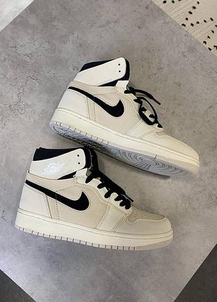 Nike air jordan cream black брендові кремові бежеві високі кросівки найк джордан з натуральної шкіри кремові високі кросівки із натуральної шкіри
