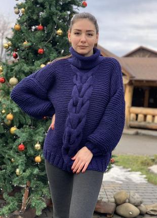 Женский вязаный свитер с косой с горлом объёмный4 фото