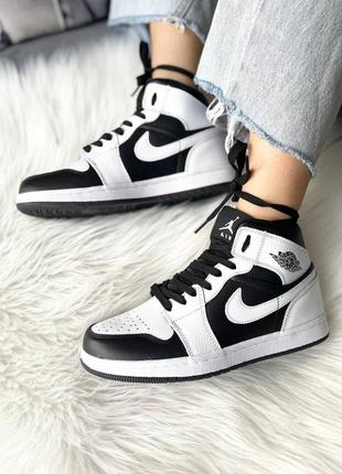 Nike air jordan 1 mid ‘tuxedo’ брендовые высокие чёрно-белые кроссовки найк джордан стильні жіночі високі кросівки1 фото