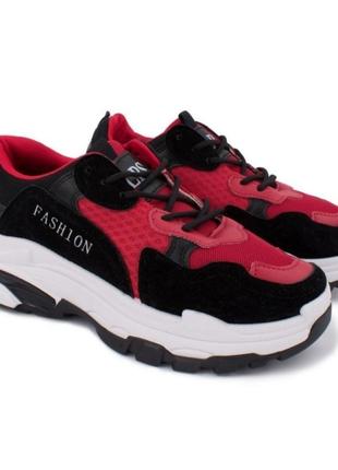 Стильные черные красные кроссовки на толстой подошве платформе модные кроссы сетка текстиль замшевые3 фото
