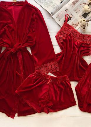Велюровый комплект четвёрка/красная велюровая пижама шорты майка штаны халат/ подарок женщине