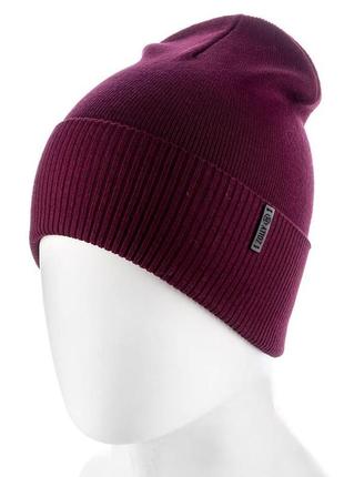 Шапка бини молодежная из вискозы стильная с отворотом двойной вязки zolly zh205 бордовый