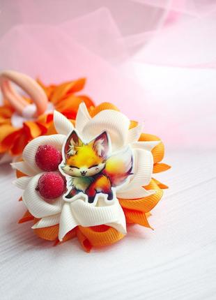 Резинки бантики камелия оранжевые с лисенком, яркие детские бантики, камелия, школьные банты