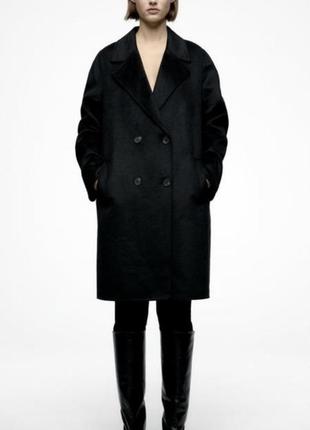 Черное шерстяное двубортное пальто  zara оверсайз