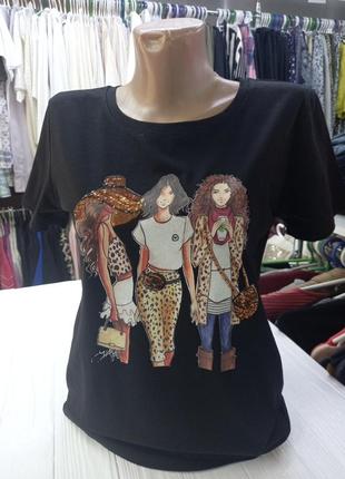 Женская черная футболка с принтом, р.с-м
