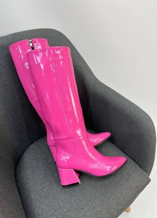 Эксклюзивные сапоги из натуральной итальянской кожи лак розовые4 фото