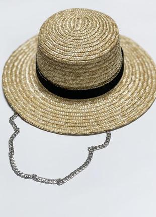 Шляпа соломенная женская  канотье с серебристой цепочкой