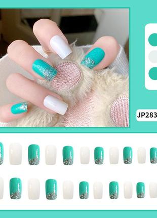 Накладные ногти - 24шт.+ клей для ногтей, бирюзовые с блестками и белые - типсы1 фото