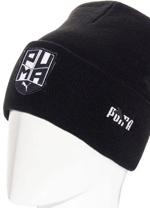 Шапка брендовая бини с шевроном двойная зимняя универсальная puma l21056 черный