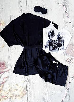 Шелковая пижама и халат с принтом black and white