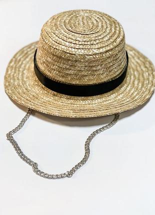 Шляпа соломенная женская канотье с  серебристой цепочкой1 фото