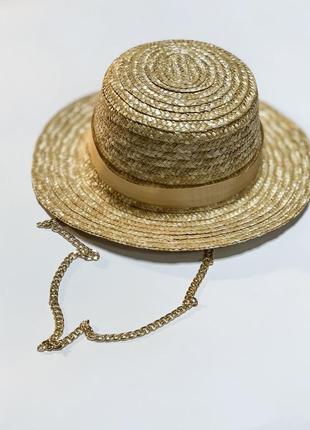 Шляпа соломенная женская канотье с  золотистой цепочкой1 фото
