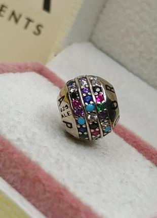 Шарм пандора стерлинговое серебро 925 проба цирконий шар разноцветный логотип бренда круглый1 фото