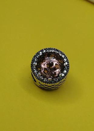 Шарм пандора стерлинговое серебро 925 проба цирконий большой камень дымчатый розовый камни сердечки круглый пыльная роза3 фото
