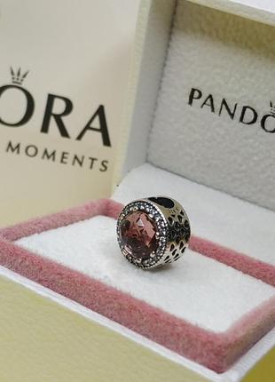 Шарм пандора стерлинговое серебро 925 проба цирконий большой камень дымчатый розовый камни сердечки круглый пыльная роза2 фото