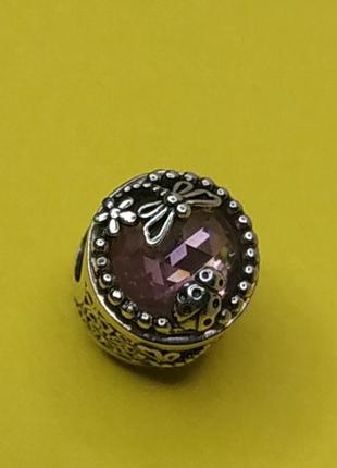 Шарм пандора стерлинговое серебро 925 проба цирконий стрекоза божья коровка большой камень фиолетовый дымчатый