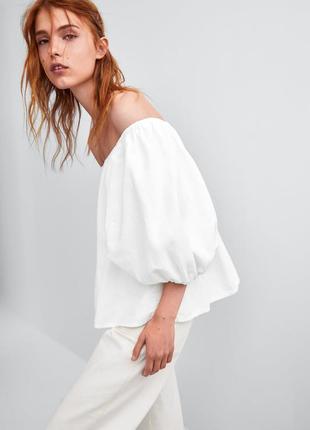 Новый топ zara открытыми плечами объёмный свободный белый блузка блуза вышиванка льняной хлопковый