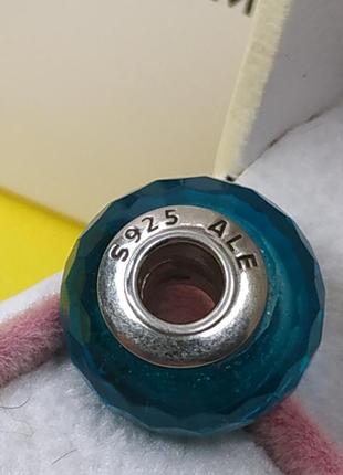 Шарм пандора стерлинговое серебро 925 проба стекло мурано бирюзовый с гранями голубой зелёный логотип бренда6 фото