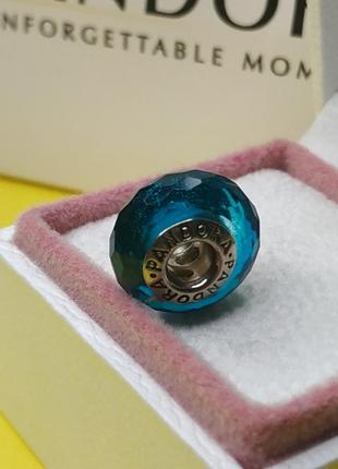 Шарм пандора стерлинговое серебро 925 проба стекло мурано бирюзовый с гранями голубой зелёный логотип бренда3 фото